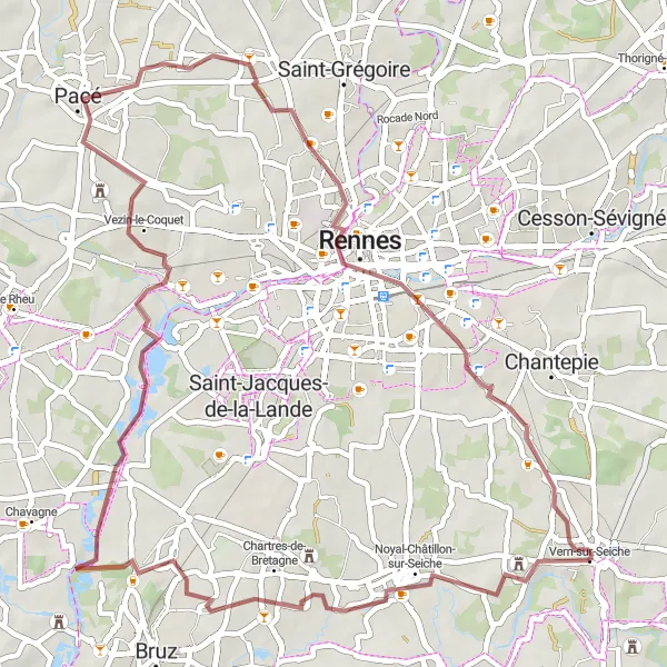 Miniature de la carte de l'inspiration cycliste "Aventure Gravel autour de Vern-sur-Seiche" dans la Bretagne, France. Générée par le planificateur d'itinéraire cycliste Tarmacs.app