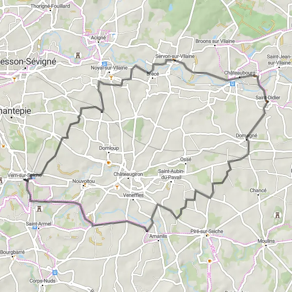 Miniature de la carte de l'inspiration cycliste "Boucle à vélo de Vern-sur-Seiche" dans la Bretagne, France. Générée par le planificateur d'itinéraire cycliste Tarmacs.app