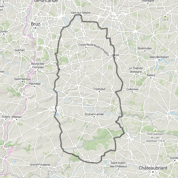 Miniature de la carte de l'inspiration cycliste "Parcours des Collines" dans la Bretagne, France. Générée par le planificateur d'itinéraire cycliste Tarmacs.app