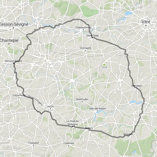 Miniature de la carte de l'inspiration cycliste "Boucle des Vallées" dans la Bretagne, France. Générée par le planificateur d'itinéraire cycliste Tarmacs.app