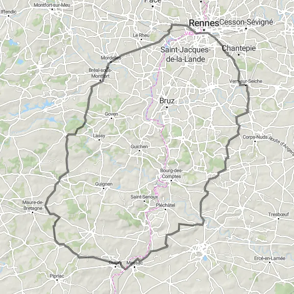 Map miniature of "Vern-sur-Seiche to Hôtel de Blossac Cycling Route" cycling inspiration in Bretagne, France. Generated by Tarmacs.app cycling route planner