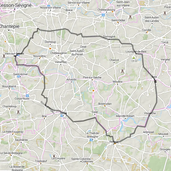 Miniature de la carte de l'inspiration cycliste "Boucle de Vern-sur-Seiche" dans la Bretagne, France. Générée par le planificateur d'itinéraire cycliste Tarmacs.app