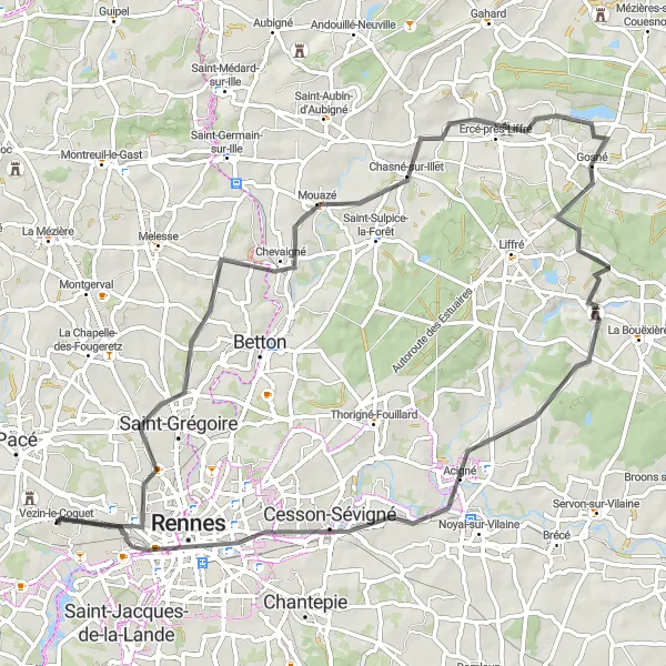Map miniature of "Scenic Ride from Vezin-le-Coquet to Acigné" cycling inspiration in Bretagne, France. Generated by Tarmacs.app cycling route planner