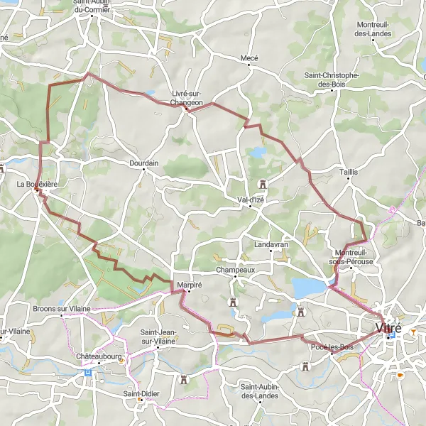 Miniature de la carte de l'inspiration cycliste "Circuit de Gravel Vers Vitré" dans la Bretagne, France. Générée par le planificateur d'itinéraire cycliste Tarmacs.app