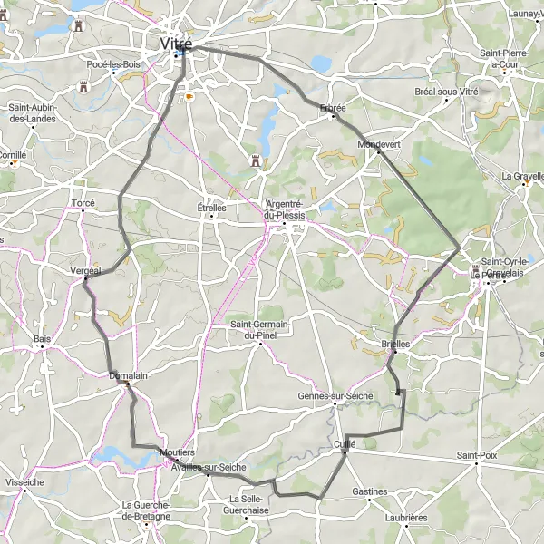 Miniature de la carte de l'inspiration cycliste "Tour autour de Mondevert" dans la Bretagne, France. Générée par le planificateur d'itinéraire cycliste Tarmacs.app