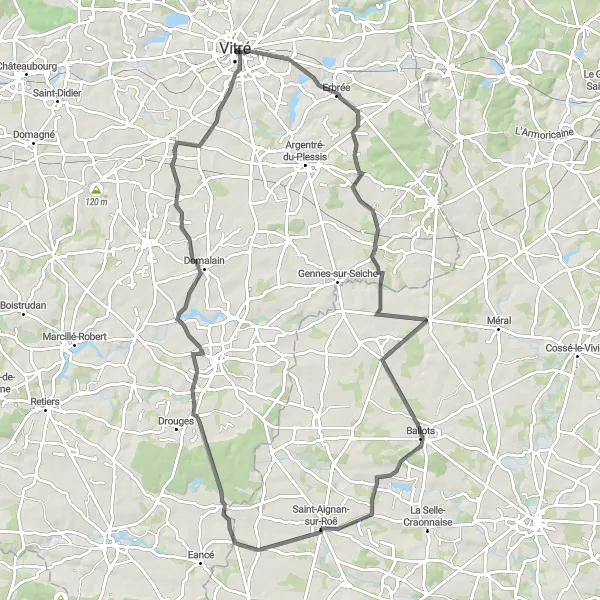 Miniature de la carte de l'inspiration cycliste "Boucle de Vitré à Tour de la Bridolle" dans la Bretagne, France. Générée par le planificateur d'itinéraire cycliste Tarmacs.app