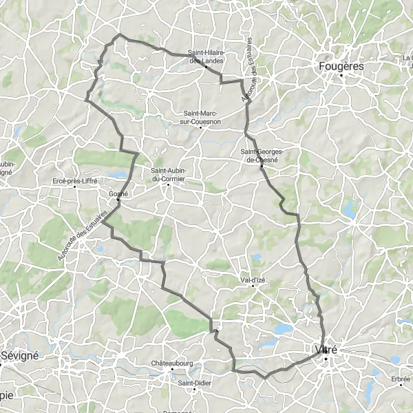 Miniature de la carte de l'inspiration cycliste "Balade vers Saint-Marc-le-Blanc" dans la Bretagne, France. Générée par le planificateur d'itinéraire cycliste Tarmacs.app