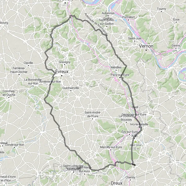 Map miniature of "Abondant - Mesnil-sur-l'Estrée - Moisville - Houetteville - Ailly - Houlbec-Cocherel - Breuilpont - Mont Sinaï" cycling inspiration in Centre — Val de Loire, France. Generated by Tarmacs.app cycling route planner