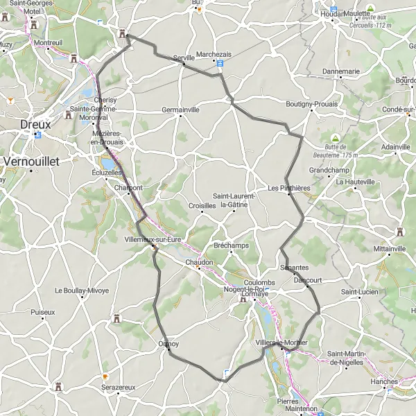 Miniature de la carte de l'inspiration cycliste "Boucle cycliste Abondant - Broué - Villemeux-sur-Eure" dans la Centre — Val de Loire, France. Générée par le planificateur d'itinéraire cycliste Tarmacs.app