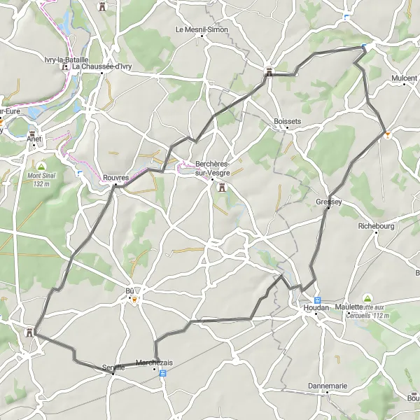 Miniature de la carte de l'inspiration cycliste "Boucle à vélo autour d'Abondant" dans la Centre — Val de Loire, France. Générée par le planificateur d'itinéraire cycliste Tarmacs.app