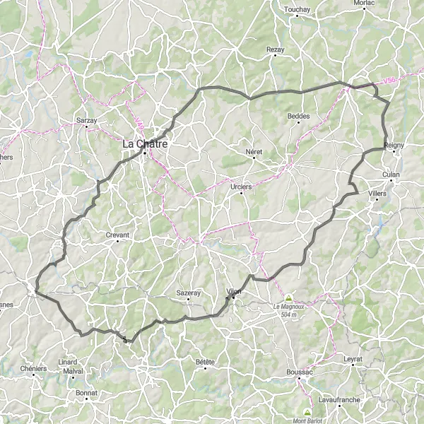 Miniature de la carte de l'inspiration cycliste "La Vallée de la Creuse" dans la Centre — Val de Loire, France. Générée par le planificateur d'itinéraire cycliste Tarmacs.app