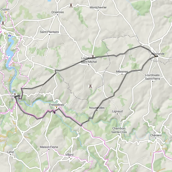 Map miniature of "Crozant Loop" cycling inspiration in Centre — Val de Loire, France. Generated by Tarmacs.app cycling route planner