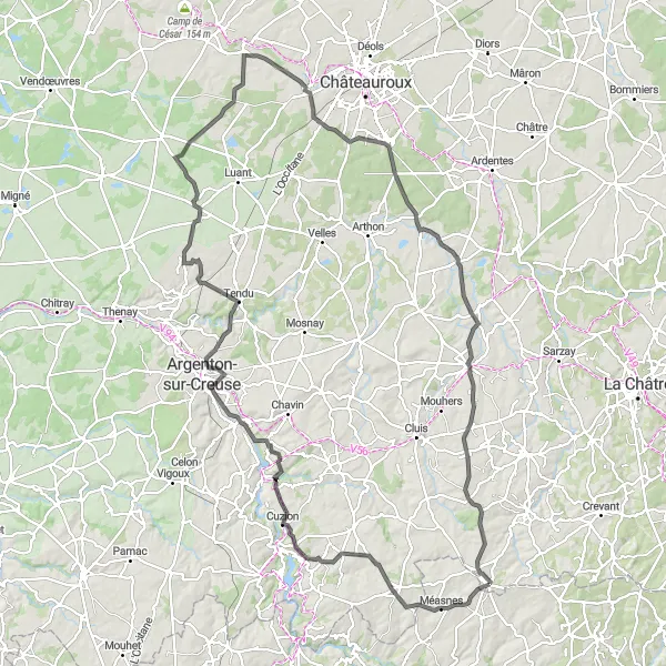 Map miniature of "Aigurande and the Châteaux of la Brenne" cycling inspiration in Centre — Val de Loire, France. Generated by Tarmacs.app cycling route planner