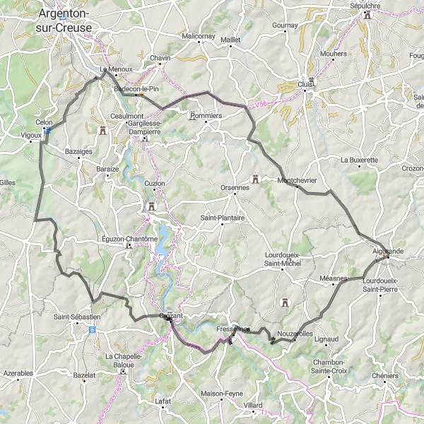 Map miniature of "Fresselines Loop" cycling inspiration in Centre — Val de Loire, France. Generated by Tarmacs.app cycling route planner