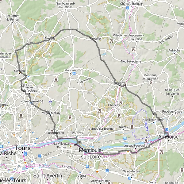 Map miniature of "Vouvray Vineyards Road Trip" cycling inspiration in Centre — Val de Loire, France. Generated by Tarmacs.app cycling route planner