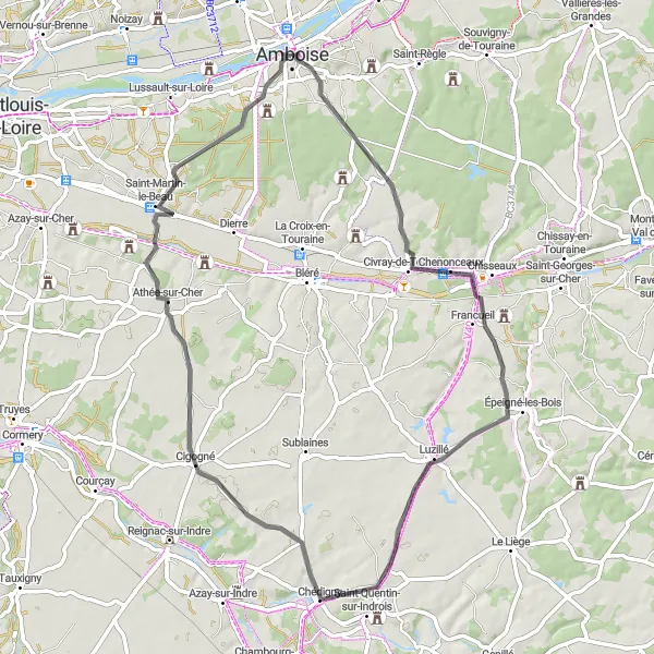 Map miniature of "Chenonceaux and Chédigny Adventure" cycling inspiration in Centre — Val de Loire, France. Generated by Tarmacs.app cycling route planner