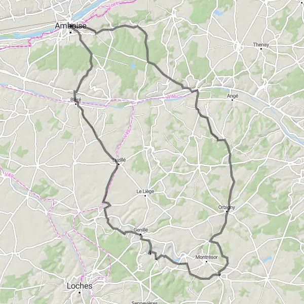 Map miniature of "Amboise Loop via Genillé" cycling inspiration in Centre — Val de Loire, France. Generated by Tarmacs.app cycling route planner