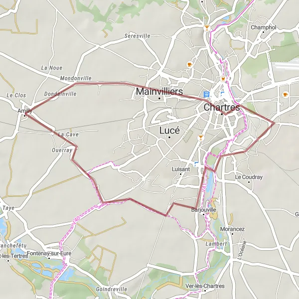 Map miniature of "Chartres and Amilly Gravel Ride" cycling inspiration in Centre — Val de Loire, France. Generated by Tarmacs.app cycling route planner