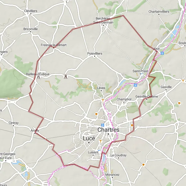 Miniature de la carte de l'inspiration cycliste "Parcours gravel à travers Gasville-Oisème et Amilly" dans la Centre — Val de Loire, France. Générée par le planificateur d'itinéraire cycliste Tarmacs.app