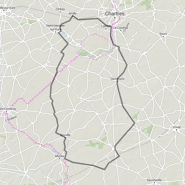 Map miniature of "Amilly to Saint-Georges-sur-Eure" cycling inspiration in Centre — Val de Loire, France. Generated by Tarmacs.app cycling route planner