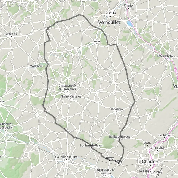 Map miniature of "Amilly to Fresnay-le-Gilmert" cycling inspiration in Centre — Val de Loire, France. Generated by Tarmacs.app cycling route planner