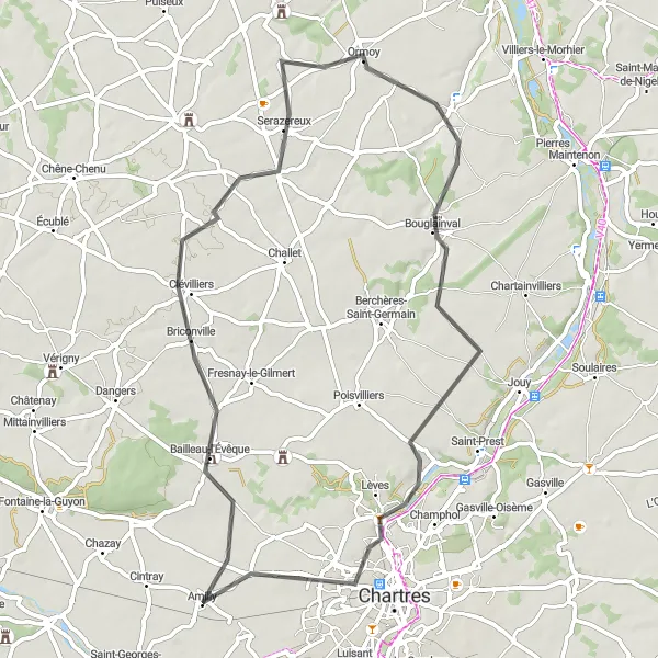 Map miniature of "Amilly to Clévilliers" cycling inspiration in Centre — Val de Loire, France. Generated by Tarmacs.app cycling route planner