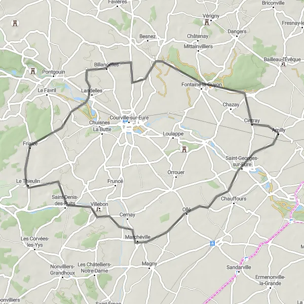 Map miniature of "Saint-Georges-sur-Eure and Fontaine-la-Guyon Road Loop" cycling inspiration in Centre — Val de Loire, France. Generated by Tarmacs.app cycling route planner