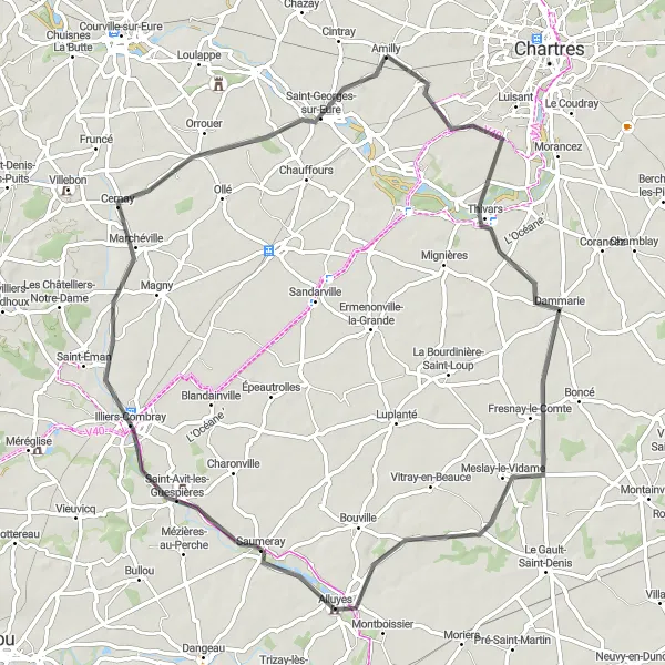 Map miniature of "Scenic Road Loop from Amilly" cycling inspiration in Centre — Val de Loire, France. Generated by Tarmacs.app cycling route planner