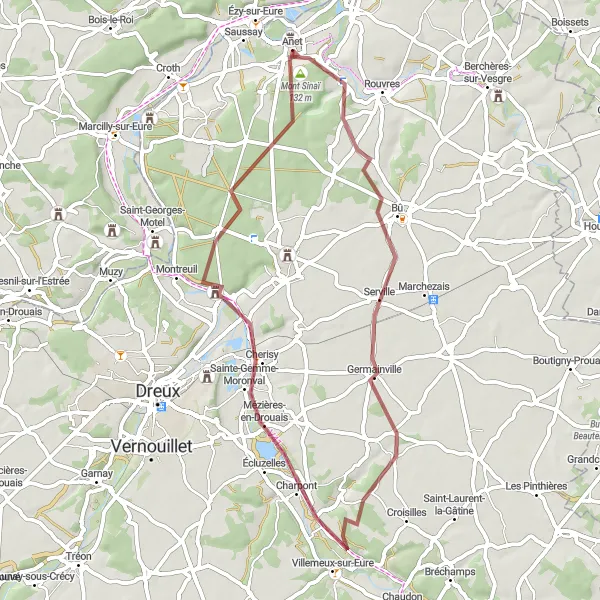 Map miniature of "Anet - Mézières-en-Drouais Gravel Ride" cycling inspiration in Centre — Val de Loire, France. Generated by Tarmacs.app cycling route planner