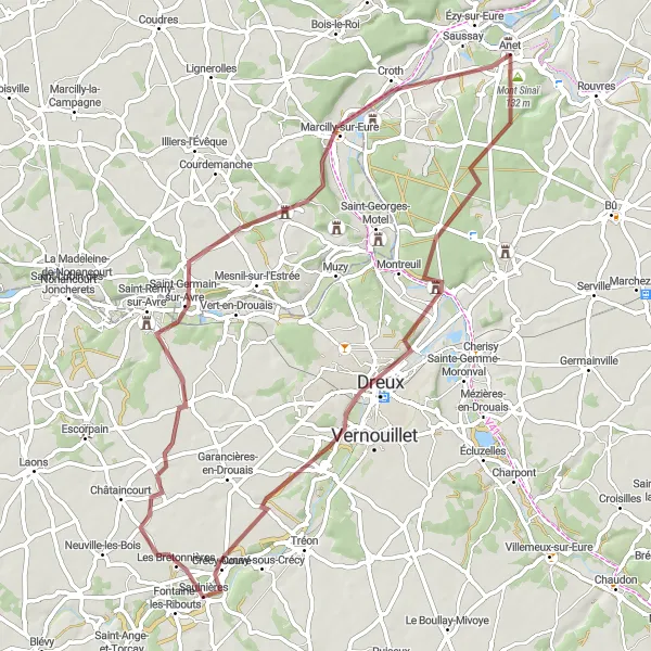 Miniature de la carte de l'inspiration cycliste "Le Circuit des Collines de l'Eure en Gravel" dans la Centre — Val de Loire, France. Générée par le planificateur d'itinéraire cycliste Tarmacs.app