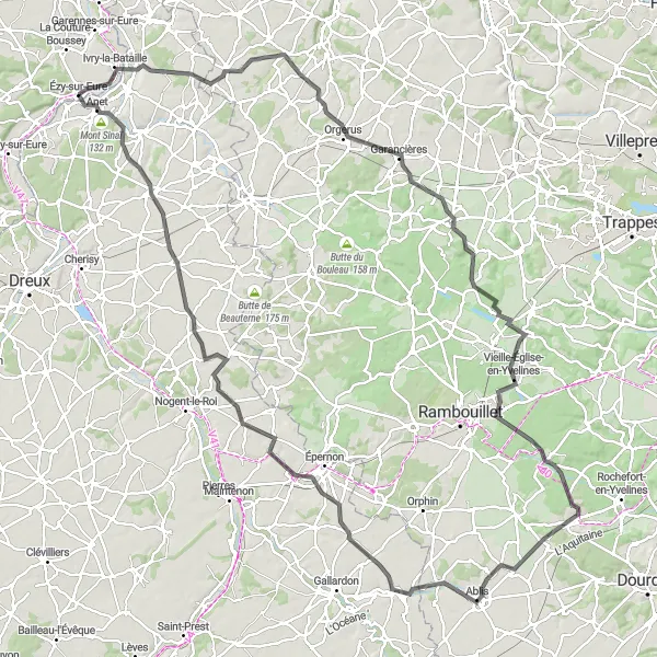 Miniature de la carte de l'inspiration cycliste "Escapade bucolique en Yvelines" dans la Centre — Val de Loire, France. Générée par le planificateur d'itinéraire cycliste Tarmacs.app