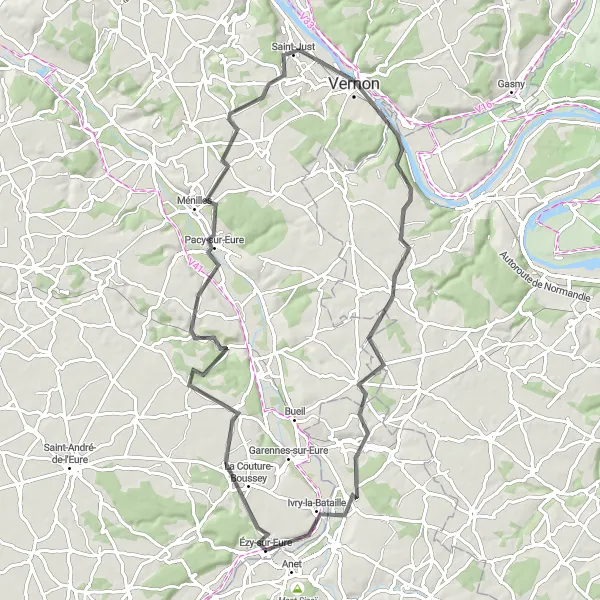 Miniature de la carte de l'inspiration cycliste "Les boucles de la Vallée d'Eure" dans la Centre — Val de Loire, France. Générée par le planificateur d'itinéraire cycliste Tarmacs.app