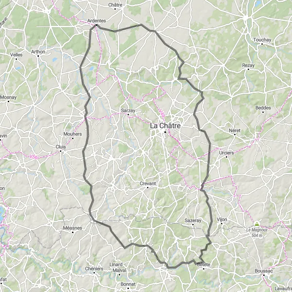 Map miniature of "Scenic Road Cycling Experience around Ardentes" cycling inspiration in Centre — Val de Loire, France. Generated by Tarmacs.app cycling route planner