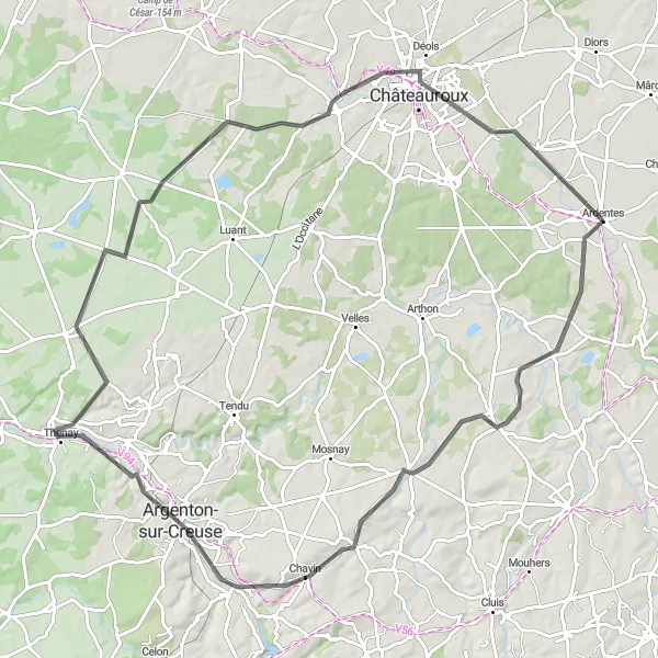 Map miniature of "Countryside Road Cycling Loop from Ardentes" cycling inspiration in Centre — Val de Loire, France. Generated by Tarmacs.app cycling route planner