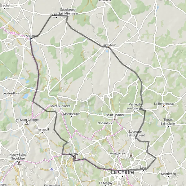 Map miniature of "Indre Valley Loop" cycling inspiration in Centre — Val de Loire, France. Generated by Tarmacs.app cycling route planner