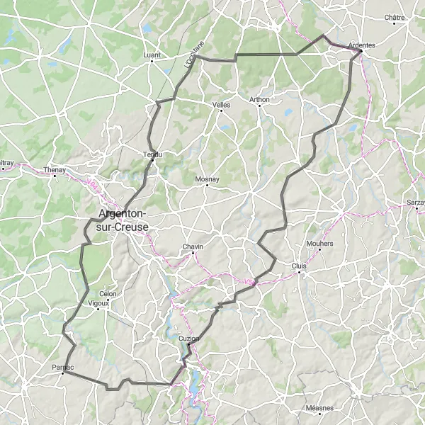 Map miniature of "Indre Valley Grand Tour" cycling inspiration in Centre — Val de Loire, France. Generated by Tarmacs.app cycling route planner