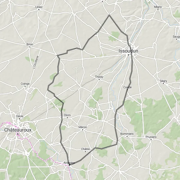 Map miniature of "Indre River Loop" cycling inspiration in Centre — Val de Loire, France. Generated by Tarmacs.app cycling route planner