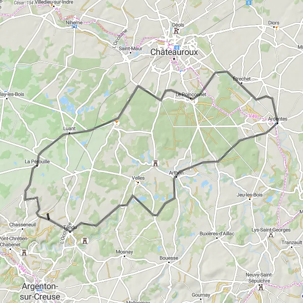 Map miniature of "Ardentes Countryside Tour" cycling inspiration in Centre — Val de Loire, France. Generated by Tarmacs.app cycling route planner