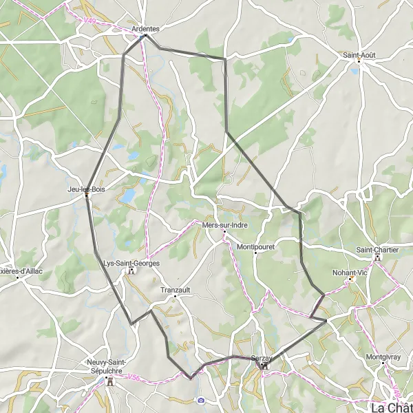 Map miniature of "Sarzay Nature Ride" cycling inspiration in Centre — Val de Loire, France. Generated by Tarmacs.app cycling route planner