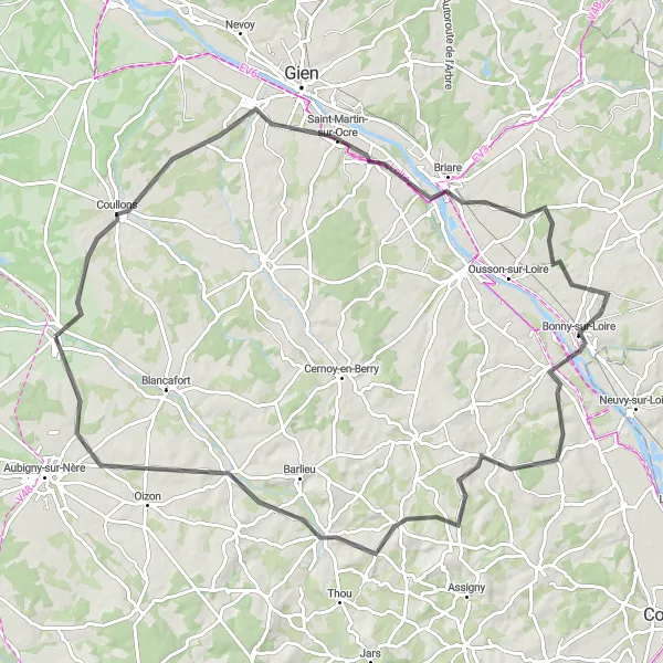 Map miniature of "Road Cycling to Bonny-sur-Loire" cycling inspiration in Centre — Val de Loire, France. Generated by Tarmacs.app cycling route planner