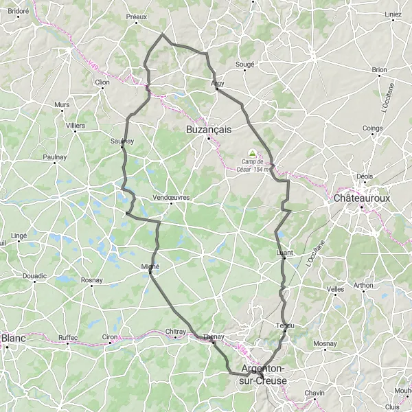 Miniature de la carte de l'inspiration cycliste "Les châteaux de la Brenne" dans la Centre — Val de Loire, France. Générée par le planificateur d'itinéraire cycliste Tarmacs.app