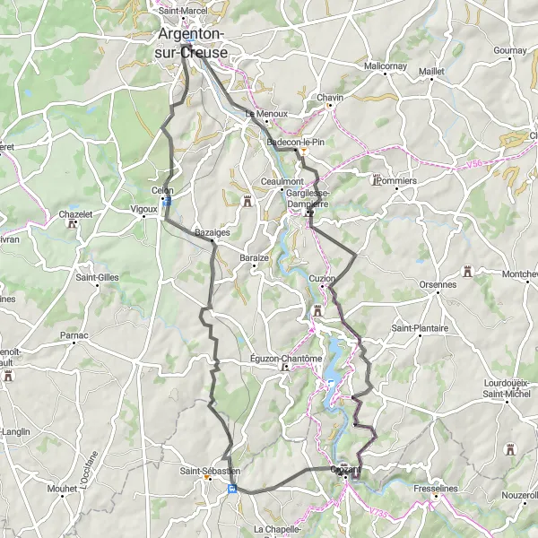 Miniature de la carte de l'inspiration cycliste "Les trésors cachés de la Creuse" dans la Centre — Val de Loire, France. Générée par le planificateur d'itinéraire cycliste Tarmacs.app