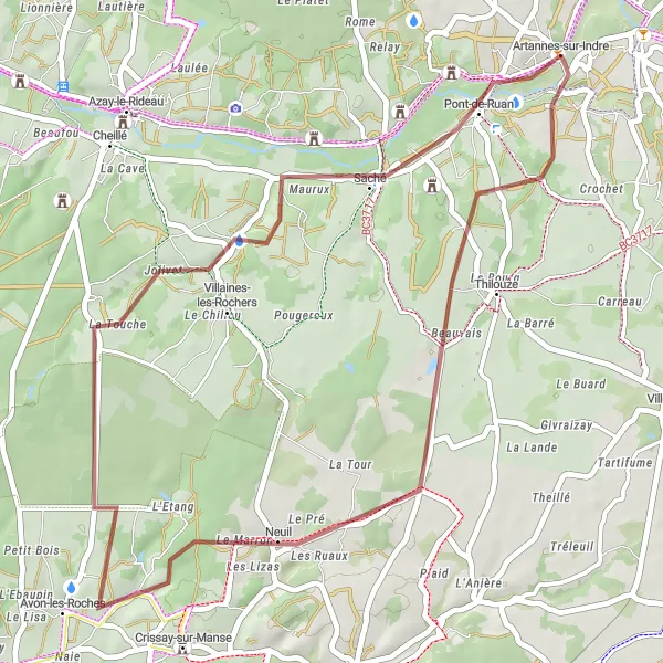 Map miniature of "The Gravel Trail of Artannes-sur-Indre" cycling inspiration in Centre — Val de Loire, France. Generated by Tarmacs.app cycling route planner