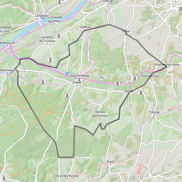 Miniature de la carte de l'inspiration cycliste "Balade à la Campagne" dans la Centre — Val de Loire, France. Générée par le planificateur d'itinéraire cycliste Tarmacs.app