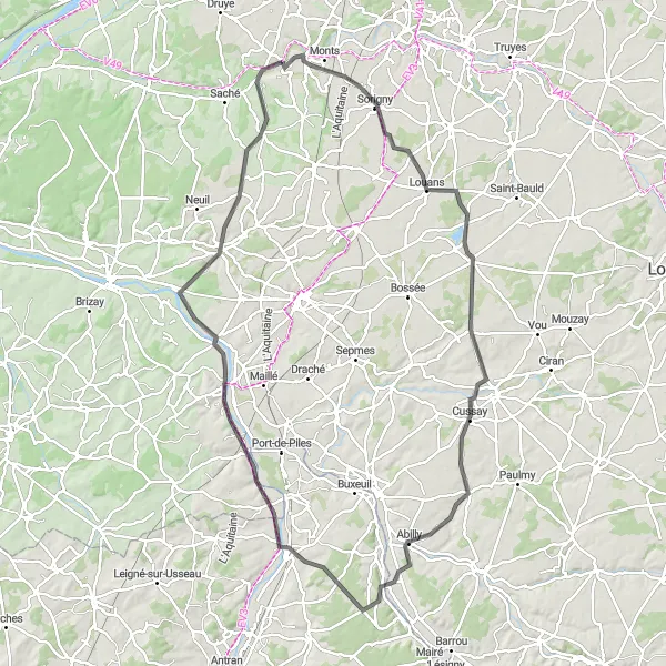 Map miniature of "Majestic Castles and Natural Beauty" cycling inspiration in Centre — Val de Loire, France. Generated by Tarmacs.app cycling route planner