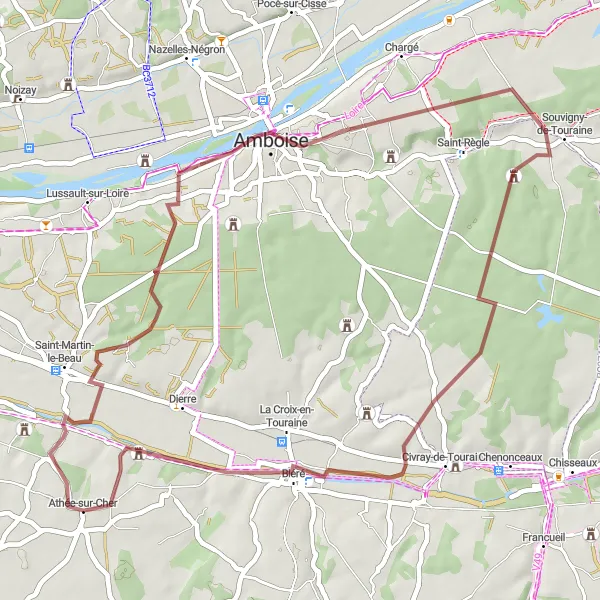 Miniature de la carte de l'inspiration cycliste "Parcours gravel vers Manoir de la Boissière" dans la Centre — Val de Loire, France. Générée par le planificateur d'itinéraire cycliste Tarmacs.app