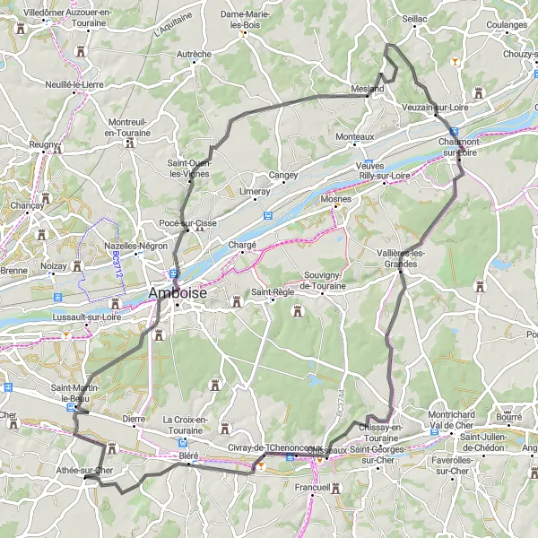 Miniature de la carte de l'inspiration cycliste "Circuit à travers Chenonceaux et Vallières-les-Grandes" dans la Centre — Val de Loire, France. Générée par le planificateur d'itinéraire cycliste Tarmacs.app