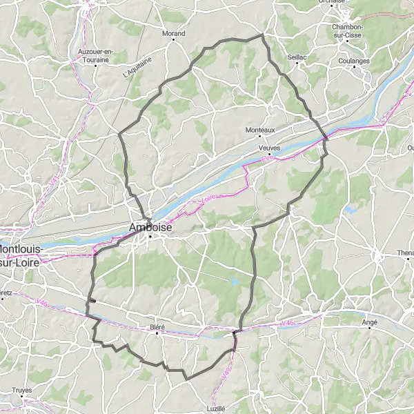 Miniature de la carte de l'inspiration cycliste "Parcours entre Château de Montreuil et Vallières-les-Grandes" dans la Centre — Val de Loire, France. Générée par le planificateur d'itinéraire cycliste Tarmacs.app