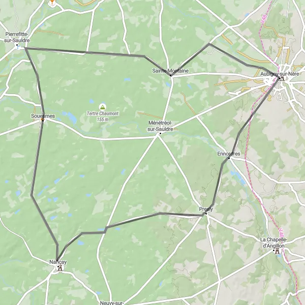 Map miniature of "Sauldre Valley Road Cycling" cycling inspiration in Centre — Val de Loire, France. Generated by Tarmacs.app cycling route planner