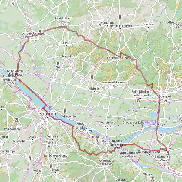 Map miniature of "Panorama and Château de Saumur Gravel Route" cycling inspiration in Centre — Val de Loire, France. Generated by Tarmacs.app cycling route planner